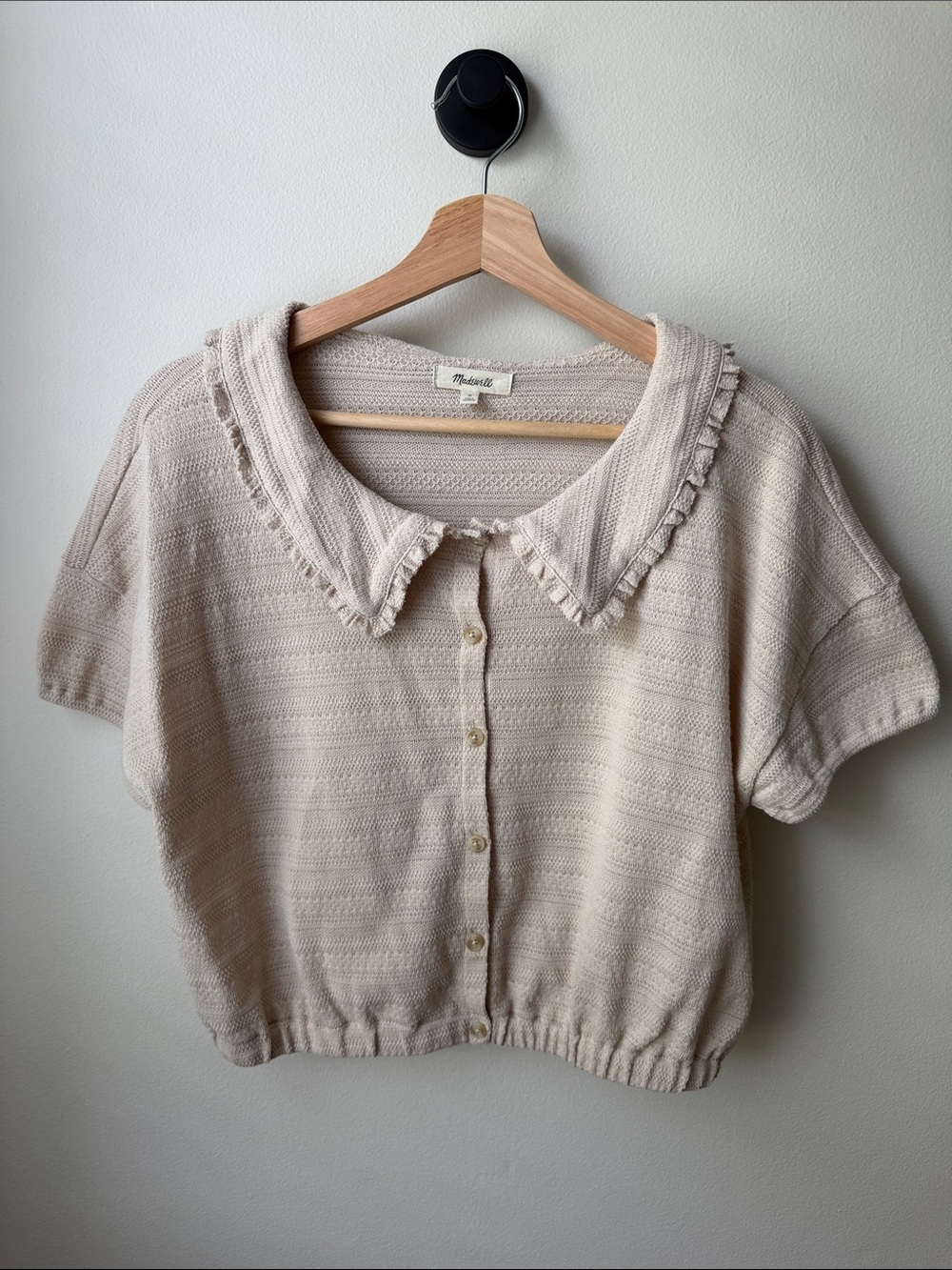 Madewell Cream Ruffled Collar Button-Up Knit Top
